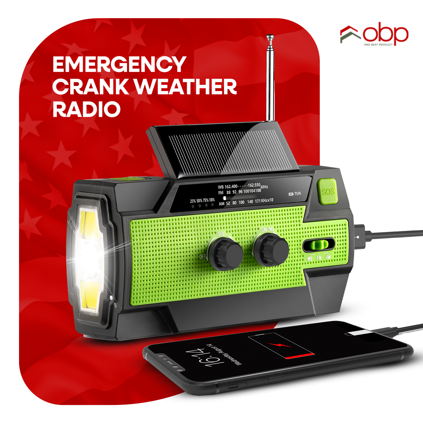 Emergency Crank Weather Radio - 4000mAh Solar Hand Crank Portable AM/FM/NOAA, with 1W 3-Mode Flashlight, Motion Sensor Reading Lamp, Cell Phone Charger, and SOS Alarm